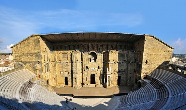 Old Roman theater in France in the city of Orange. Historical cultural monument in the south of Europe.