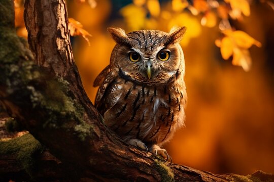 Close-up photo of a owl on a branch. Generative AI