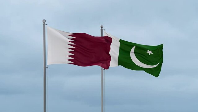 Pakistan flag and Qatar flag waving together on cloudy sky, endless seamless loop, two country relations concept