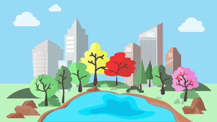 Cityscape park and lake against high-rise buildings. Colorful plants, trees, bushes, lake, and rock in spring season.  Vector square illustration in flat cartoon style.