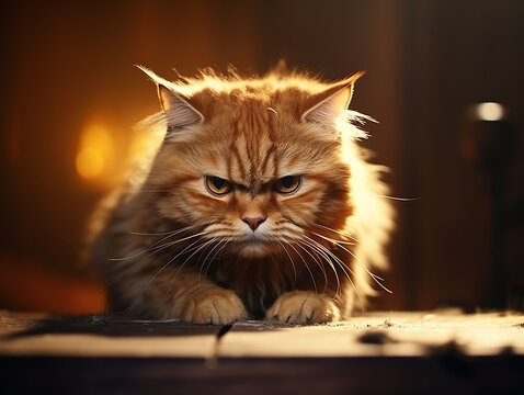 the very serious and almost angry cat on a background with blurry lights