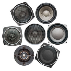 set of sound speakers on white background, png