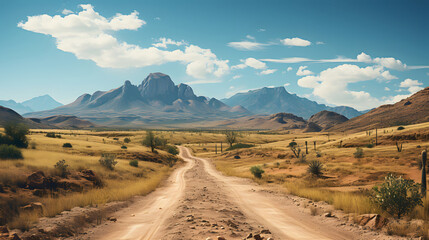 Fototapeta premium Mountain desert texas background landscape. road in the desert