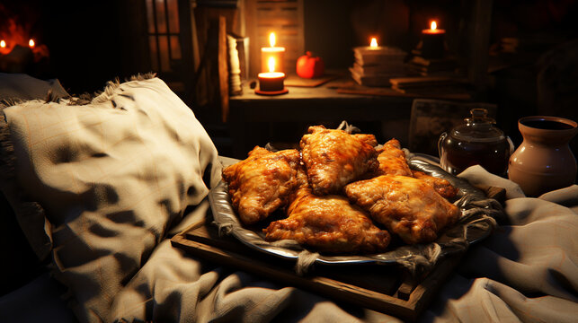 Closeup image of steam coming from freshly baked chicken on family dinner