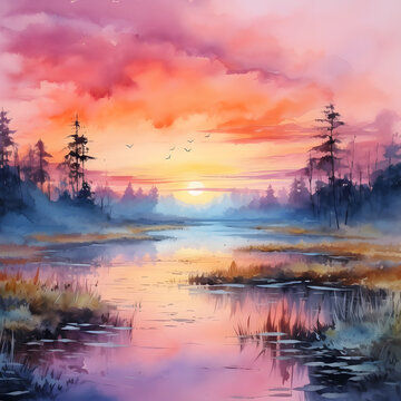 Beautiful Watercolor Sunset