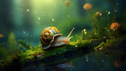 Macro photo of snail on mossy wood in rainy forest, snail on green natural background - obrazy, fototapety, plakaty