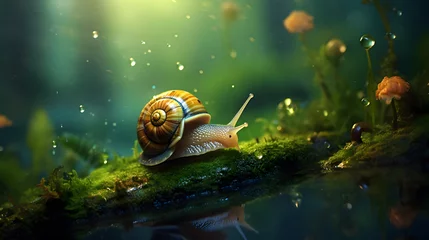 Fotobehang Macro photo of snail on mossy wood in rainy forest, snail on green natural background © Planetz