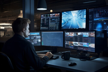 Security System Operator Looking At CCTV Footage At Desk