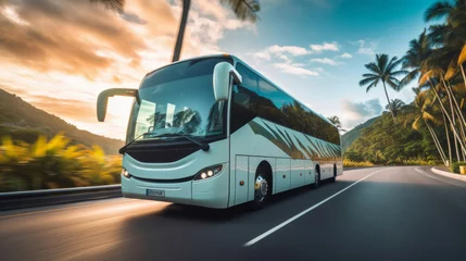 Foto op Canvas Tourist bus seen travelling through scenic street. Lush green trees. Travel concept. © Allistair/Peopleimages - AI