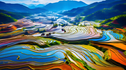 colorful Rice fields on terraced in Mu cang chai, Vietnam Rice field, Majestical contours and patchwork curves of efficient Vietnamese agriculture land. Immense plantation drone birds eye view, 