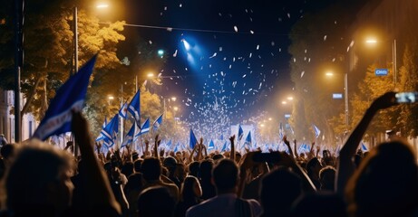 bustling streets during Israel's Friedensparade, showcasing lively dances, music, and Israeli flags