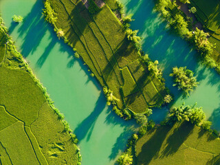 Aerial landscape in Phong Nam valley, an extreme scenery landscape at Cao bang province, Vietnam with river, nature, green rice fields