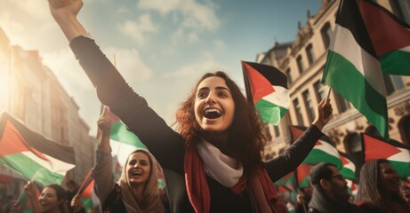 Fototapeta premium Palestinian youth engaged in the Friedensparade, their faces illuminated with pride