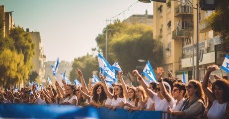 bustling streets during Israel's Peace Parade, showcasing lively dances, music, and Israeli flags