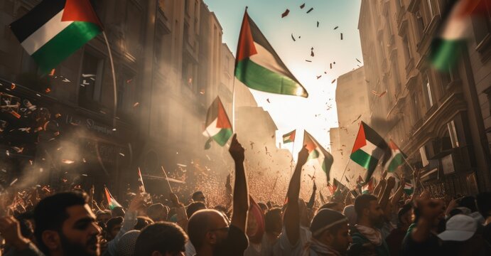 Palestinian youth engaged in the Friedensparade, their faces illuminated with pride