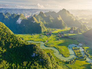 Aerial landscape in Phong Nam valley, an extreme scenery landscape at Cao bang province, Vietnam...