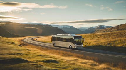 Tourist bus seen travelling through Countryside. Travel concept. - obrazy, fototapety, plakaty