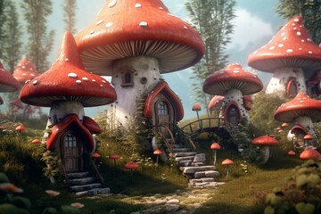 Mushroom-shaped elf houses portrayed through 3D illustration. Generative AI