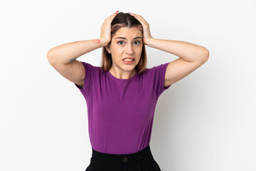 Young caucasian woman isolated on white background doing nervous gesture