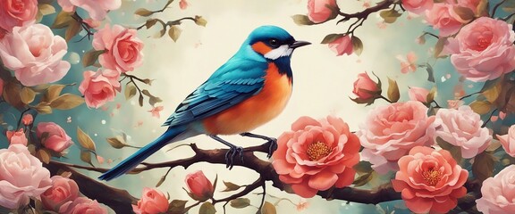 painting of a bird in bright, beautiful colors among flowers