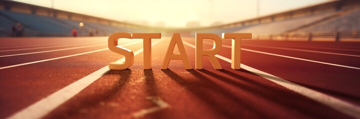mot START en 3D sur une piste d'athlétisme - bannière web