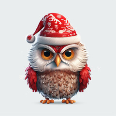Fototapeta premium Vintage Christmas Owl with Santa Hat Clipart Isolated on White Background