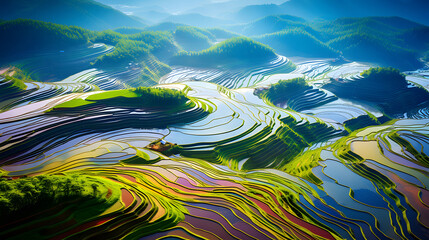 Fototapeta na wymiar colorful Rice fields on terraced in Mu cang chai, Vietnam Rice field, Majestical contours and patchwork curves of efficient Vietnamese agriculture land. Immense plantation drone birds eye view, 