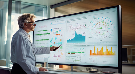 Modern research laboratory buzzes with activity as a scientist in a white lab coat carefully monitors an experimental wind turbine model