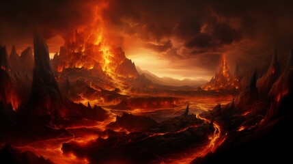 End of the world, the apocalypse, Armageddon. Lava flows flow across the planet, hell on earth, fantasy landscape inferno magma volcano - obrazy, fototapety, plakaty