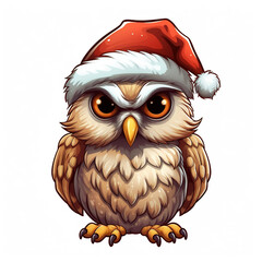 Whimsical Christmas Owl with Santa Hat Clipart Isolated on White Background