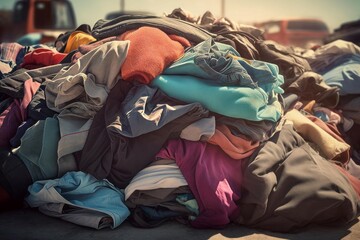 Pile of clothes prepared of volunteers community. Social charity clothing donation for poor people. Generate ai