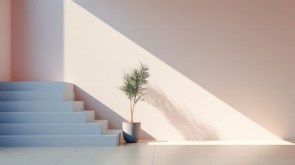 Decorative plant flower in a pot, minimalistic interior exterior. A potted tree in the sunlight against a background of blue sky and sea