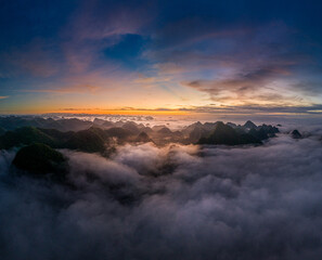Aerial landscape in Phong Nam valley, an extreme scenery landscape at Cao bang province, Vietnam with river, nature, green rice fields