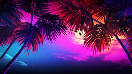 Colorful beach party background illustration, neon palm trees against the night sky, rave festival design - obrazy, fototapety, plakaty