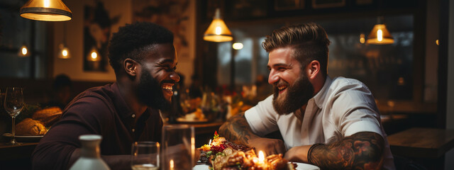 Happy homosexual interracial couple having date at restaurant - obrazy, fototapety, plakaty