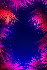 Poster Colorful beach party background illustration, neon palm trees against the night sky, rave festival design © kasha_malasha