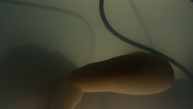 Macro closeup tilt shot of lab growing baby with wires connected to nutrition system sleeping in lab made amniotic fluid inside artificial womb