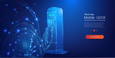 Futuristic Digital Gas Pump: Illuminated Polygonal Mesh Design on a Deep Blue Cosmic Background. Electric car at charging station. Vector illustration © ZinetroN