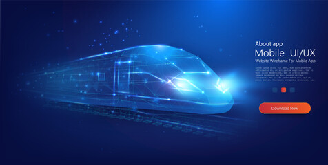 Futuristic Digital Gas Pump: Illuminated Polygonal Mesh Design on a Deep Blue Cosmic Background. Futuristic technology, hi tech future digital transport concept. Vector illustration © ZinetroN