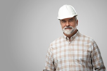 Portrait of happy mature architect in helmet standing with crossed arms. Male industrial inspector of 50s wearing uniform posing in studio