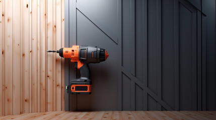 electric screwdriver drill  on 3d steel minimalist black background with copy space