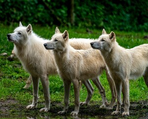 the three wolf are standing together outside in the wild, facing away