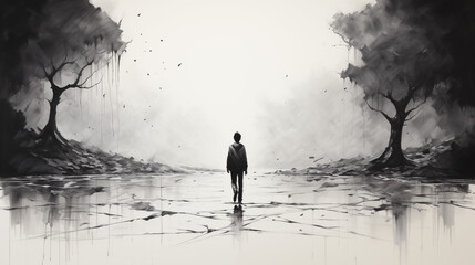 A lonely boy in the middle of the destroyed world. Black and white. Broken world.