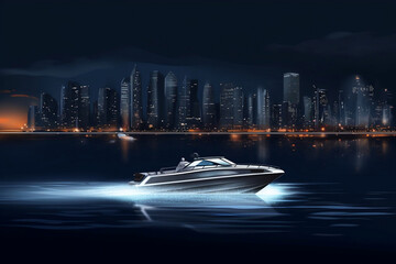 Obraz premium Modern fast boat sailing in bay with a city at night on background generative ai