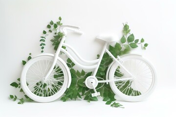 White bicycle surrounded by leaves and plants - sustainable mobility - eco-friendly bicycle concept on white background. Generative AI