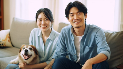 笑顔なカップルと犬がソファに座っている様子　GenerativeAI