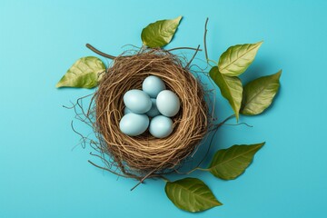 Bird nest with eggs and leaves on blue background. Generative AI - obrazy, fototapety, plakaty