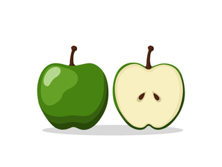 Whole and cut in half green bright beautiful apple with shadow on white background