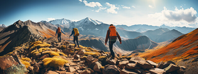 Group of four hikers with backpacks walks in mountains at sunset - obrazy, fototapety, plakaty