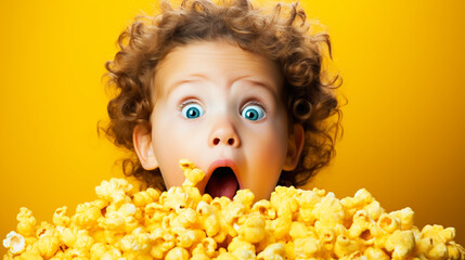 Surprised kid watching movie in cinema theater - obrazy, fototapety, plakaty